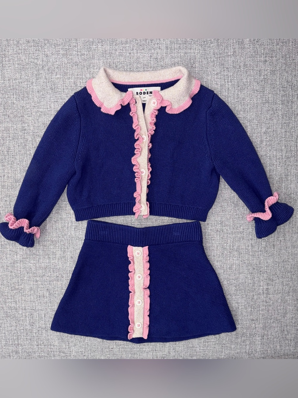 Mini Boden Navy Blue Knit Cardigan & Skirt Set with Pink Trim